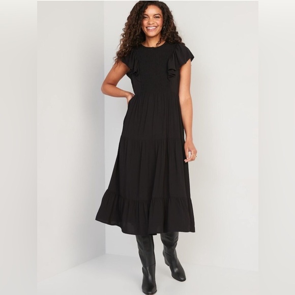 Old Navy Fit & Flare Smocked Midi Dress XXL Black Tiered Flutter Sleeve Tie Back - Picture 2 of 9
